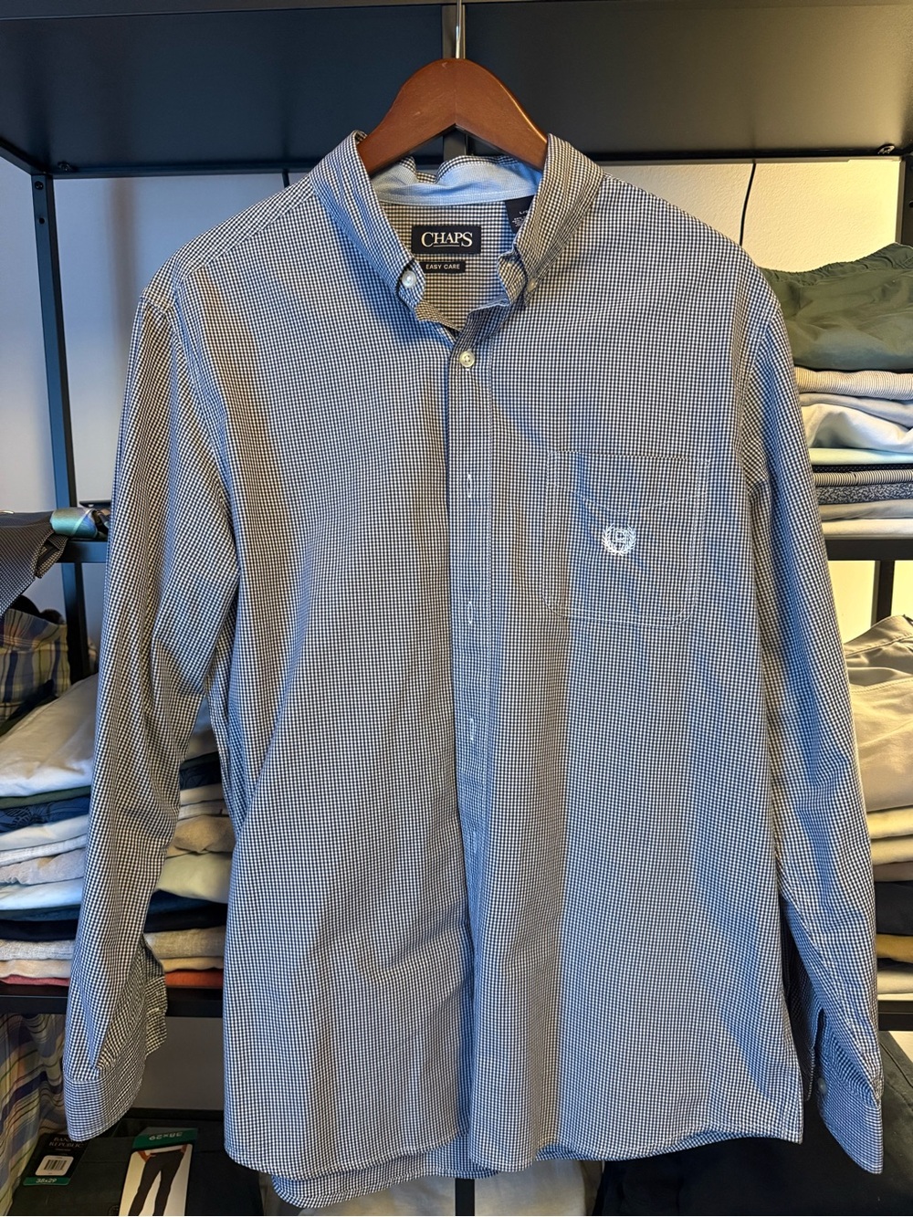 *** Chaps L Men’s Navy and White Micro-Check Button-Down Shirt